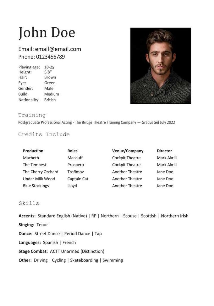 How To Write An Acting CV Acting CV Template The Bridge Theatre